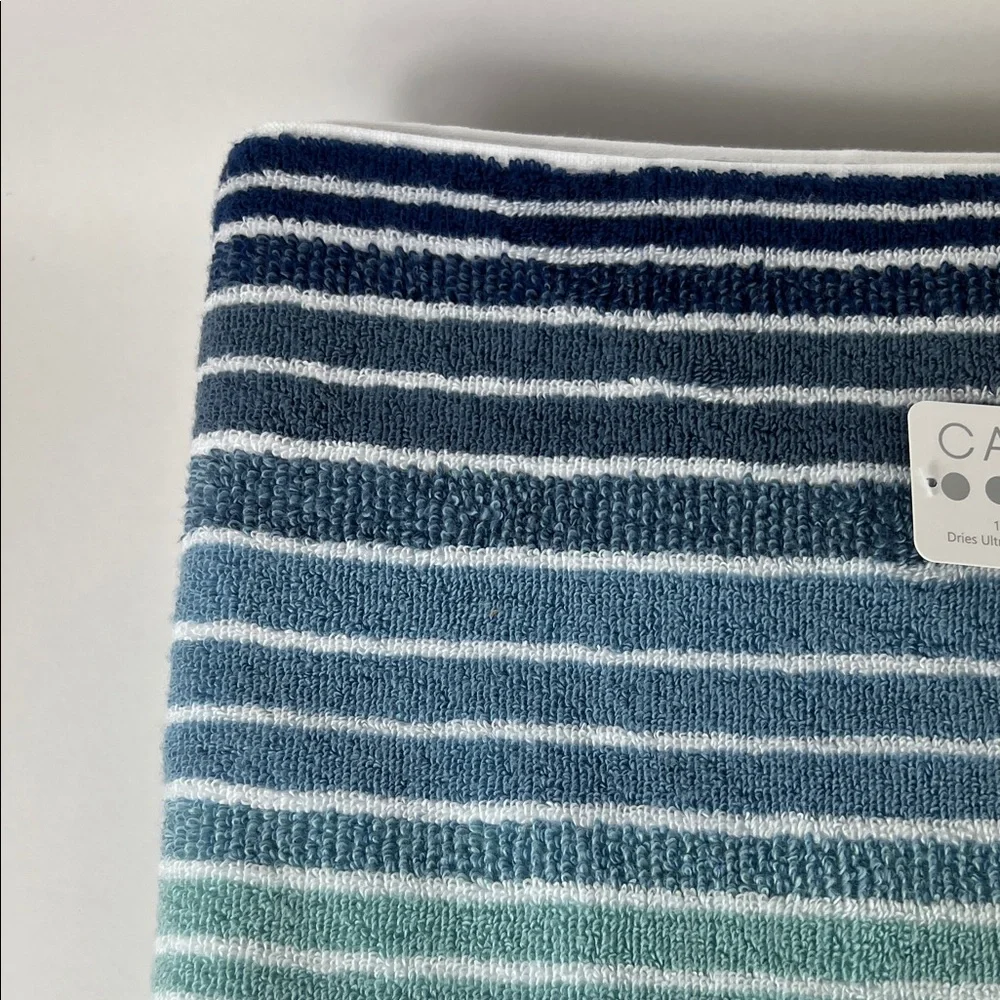Casaba Bath Towels Tan Blue White Striped Quick Dry Zero Twist Cotton 2 Pc NEW